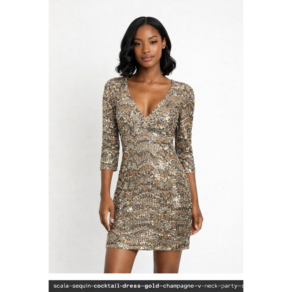 Scala Silk Sequin Cocktail Dress Gold Champagne V Neck Party Small Vintage